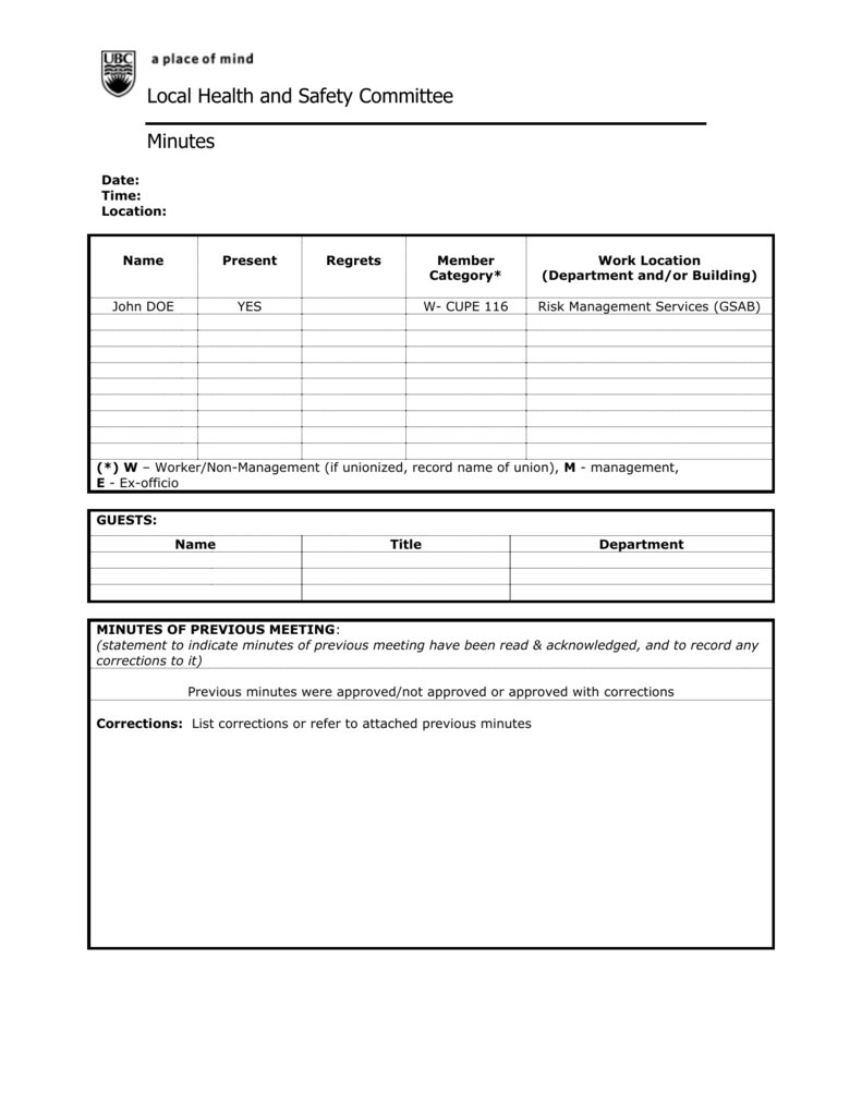 Safety Committee Meeting Minutes Template For Committee Meeting Minutes Template
