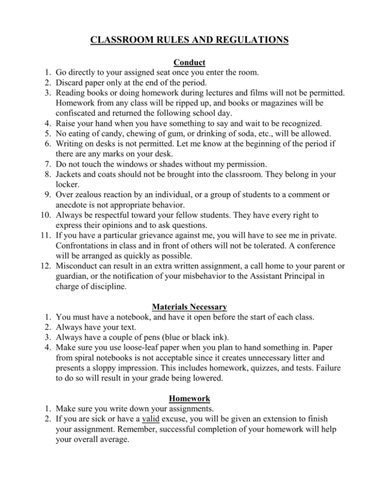 CLASSROOM RULES AND REGULATIONS