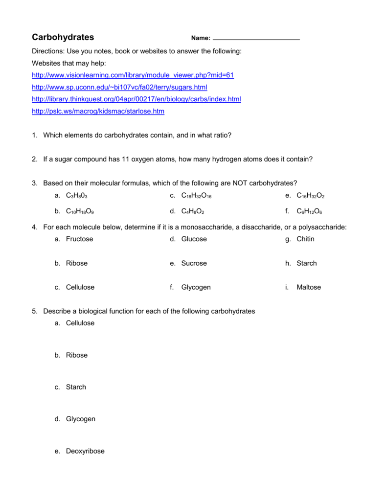 Carbohydrate Worksheet