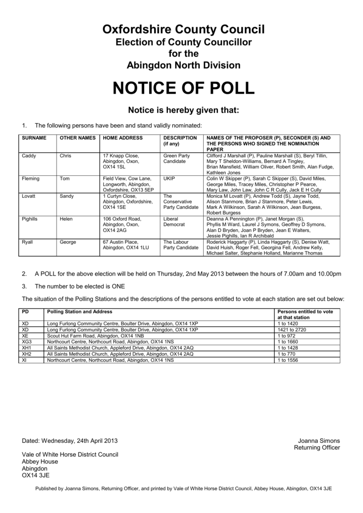 notice-of-poll-vale-of-white-horse-district-council