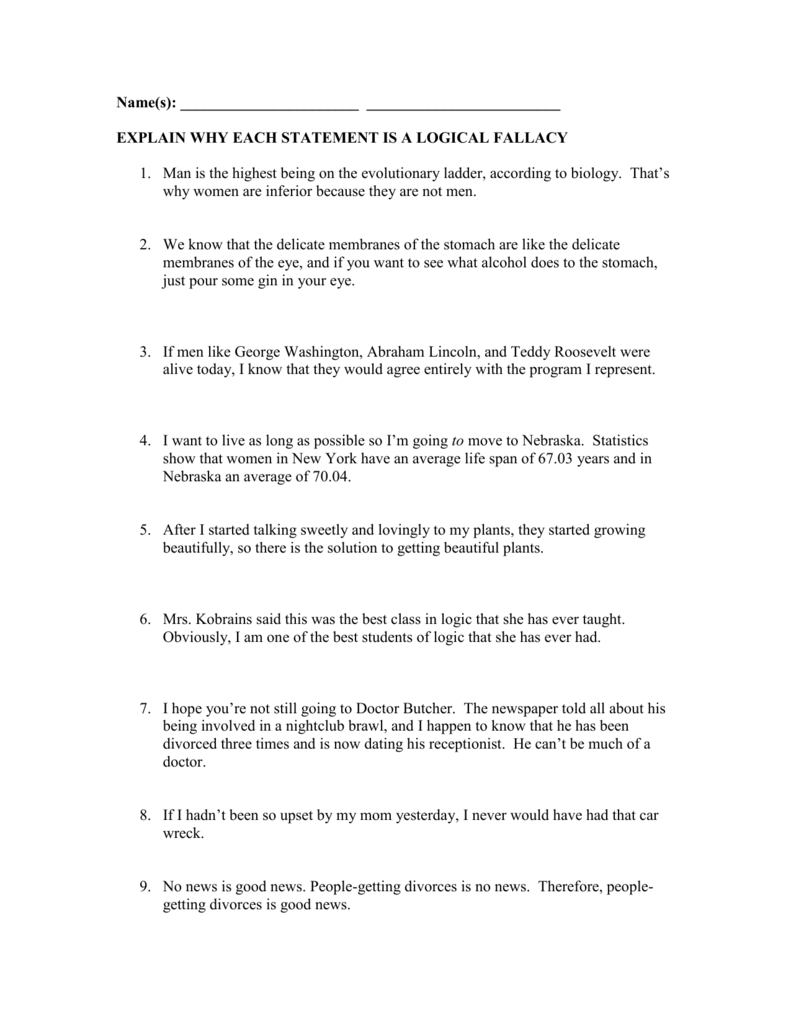 Fallacies Worksheet #11 In Logical Fallacies Worksheet With Answers