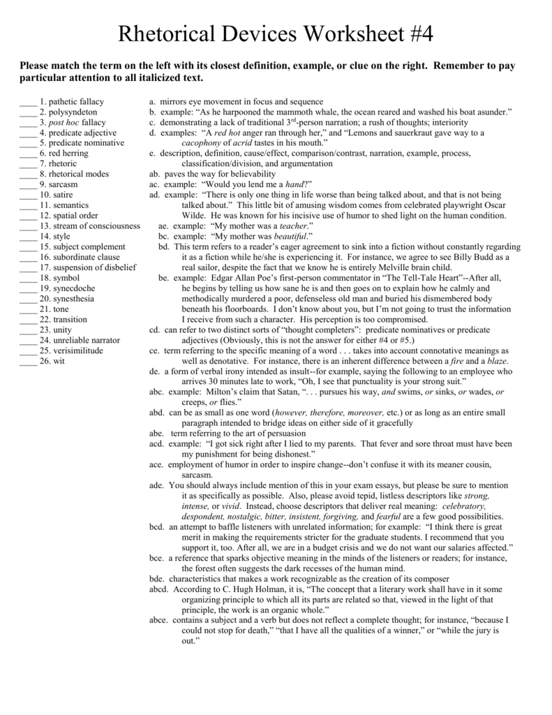 Rhetorical Devices Practice Worksheet Answer Key