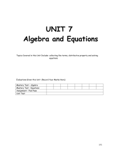 UNIT 7 Algebra and Equations Topics Covered in this Unit Include