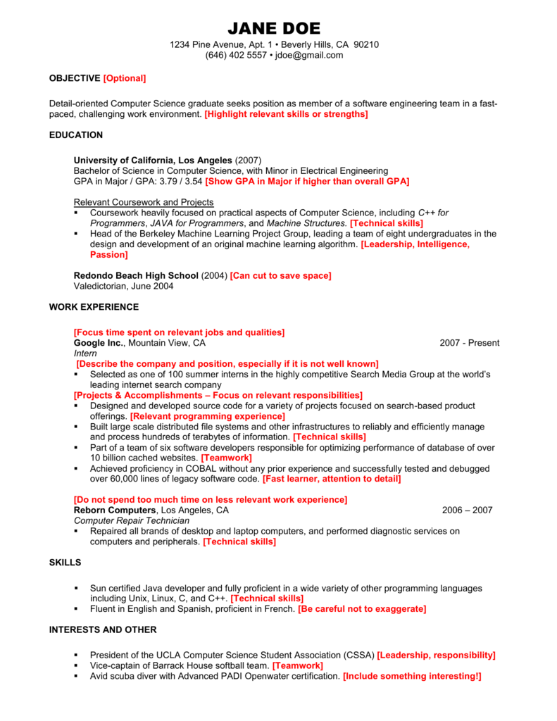 Computer Science Graduate Resume Template from s3.studylib.net