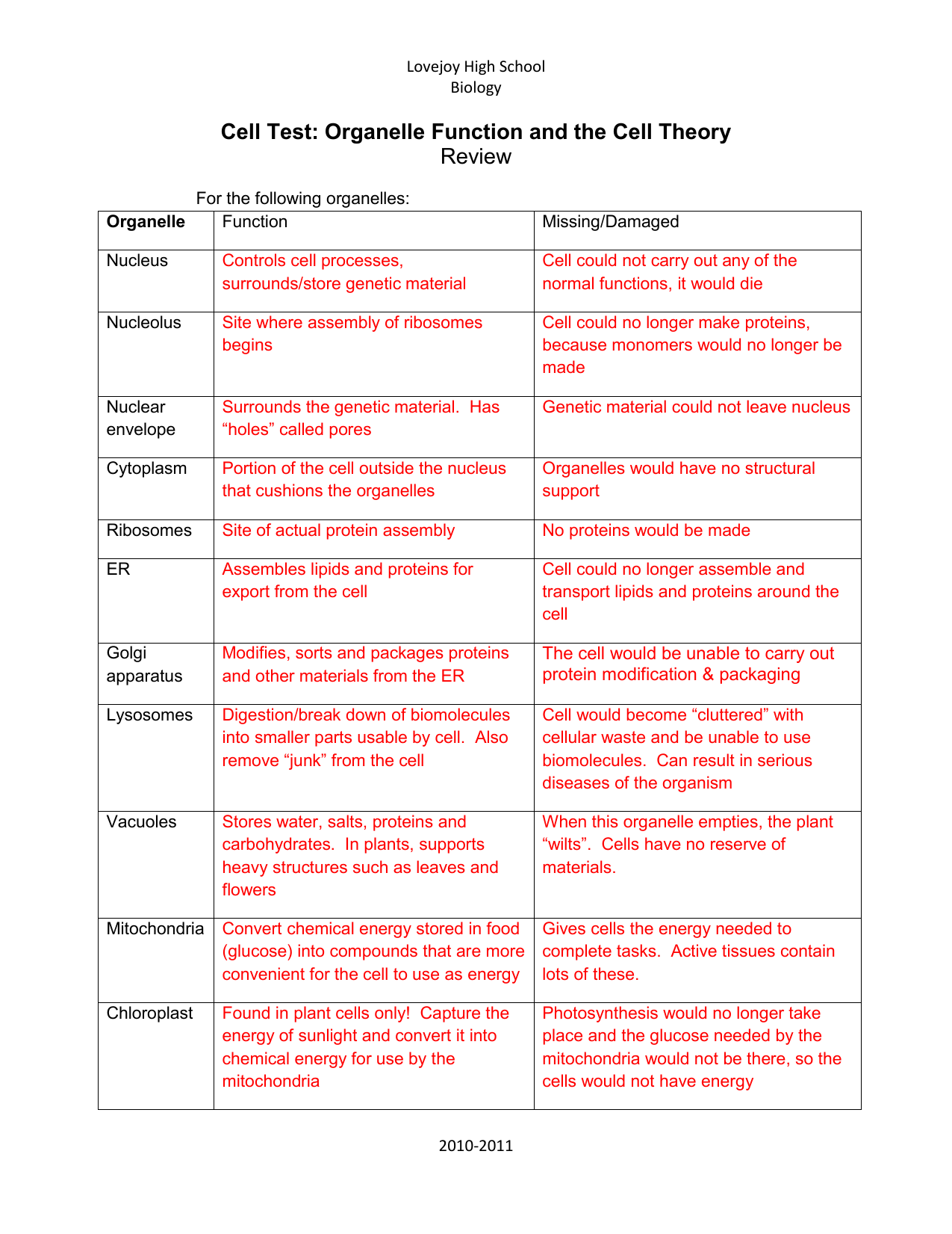 Function Of The Organelles Worksheet