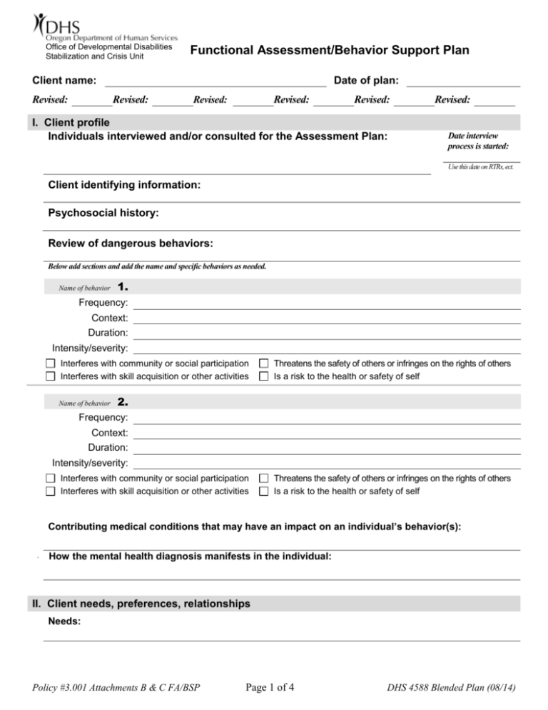 SACU Functional Assessment/Behavioral Support Plan DHS 4588