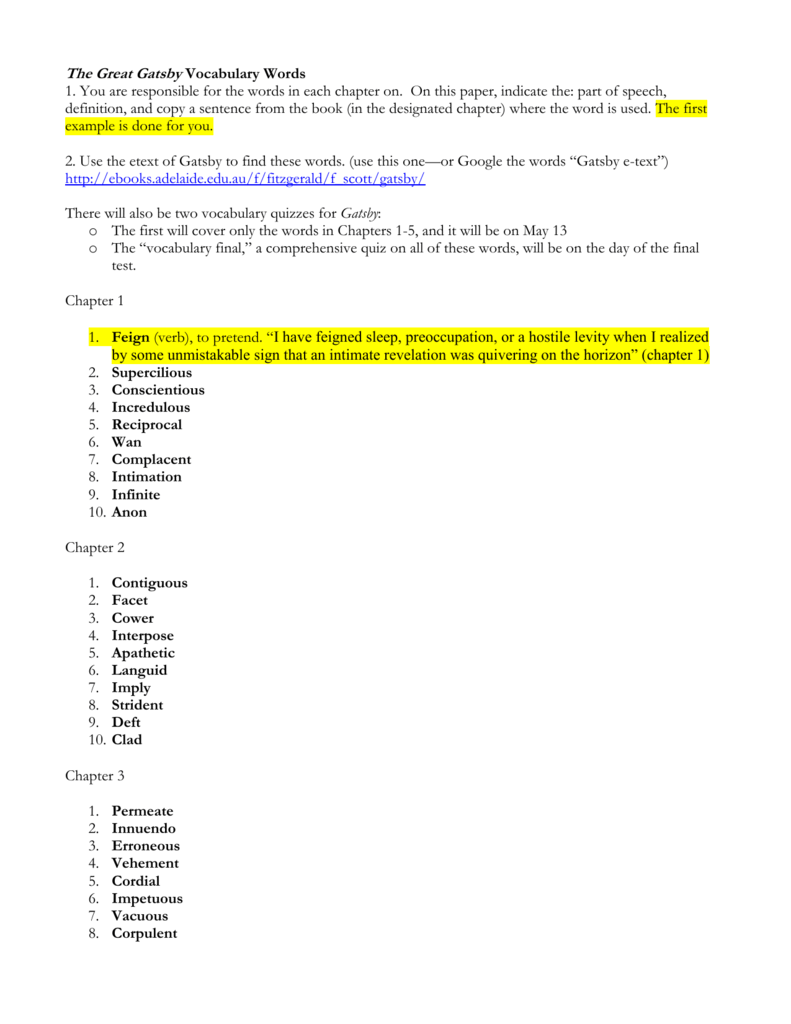 The Great Gatsby Vocabulary Words