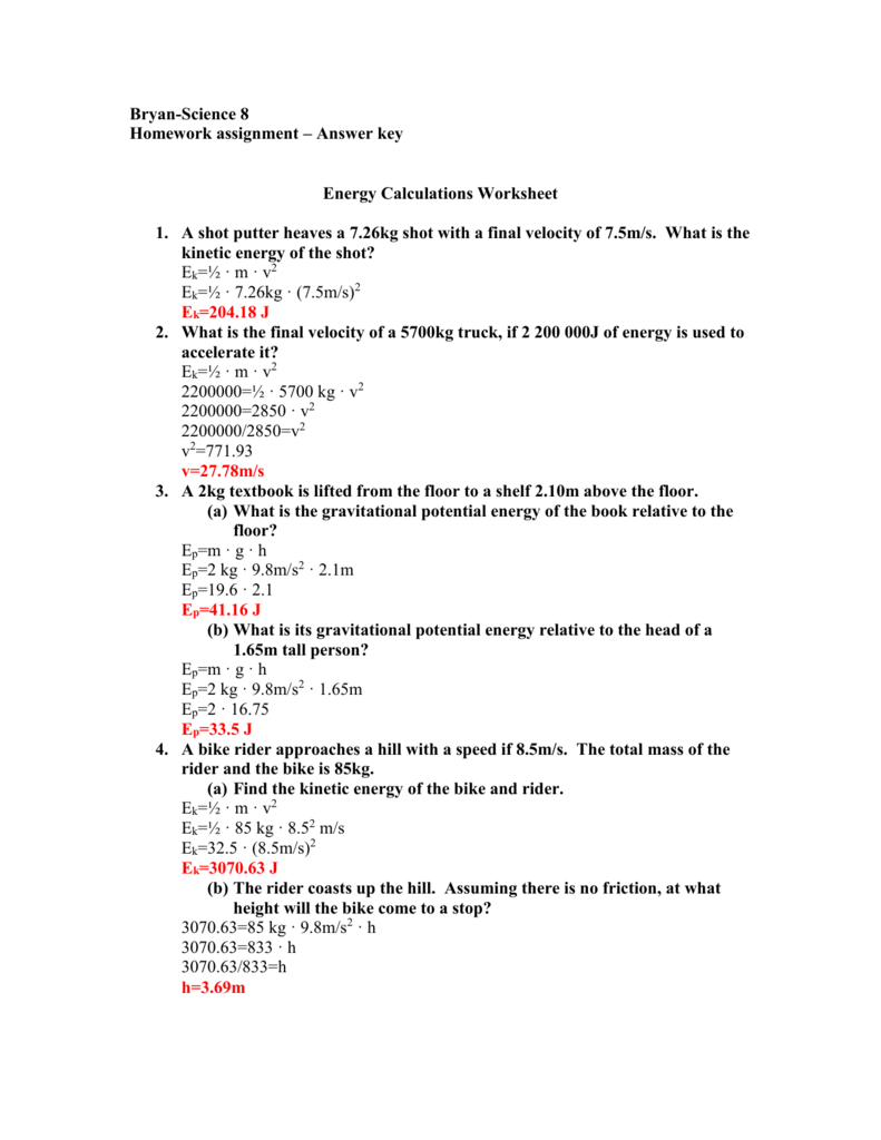 Energy Calculations Worksheet