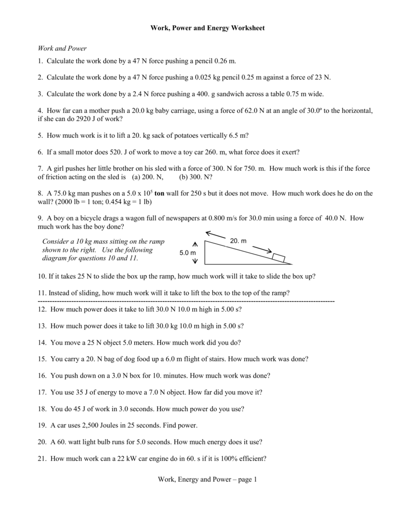 Work, Power and Energy Worksheet Intended For Work Energy And Power Worksheet