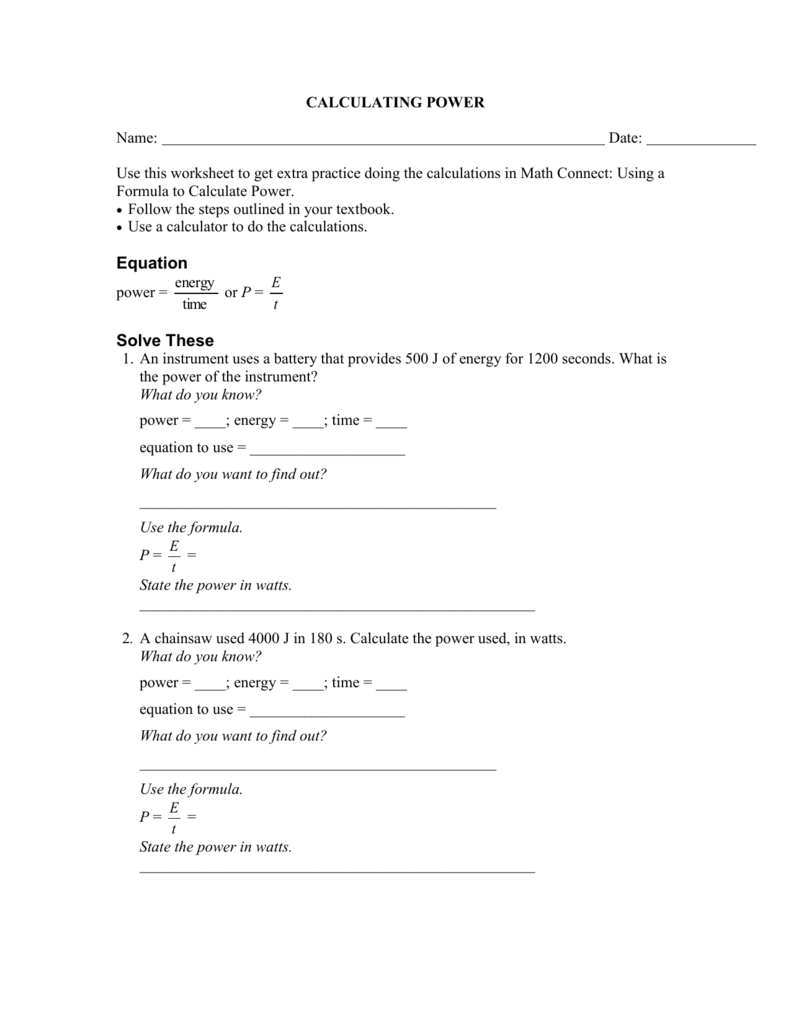 Calculating Power Worksheet Answers