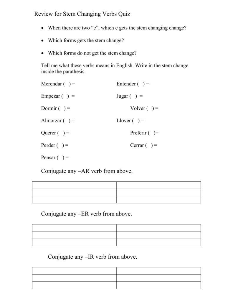 Review For Stem Changing Verbs Quiz