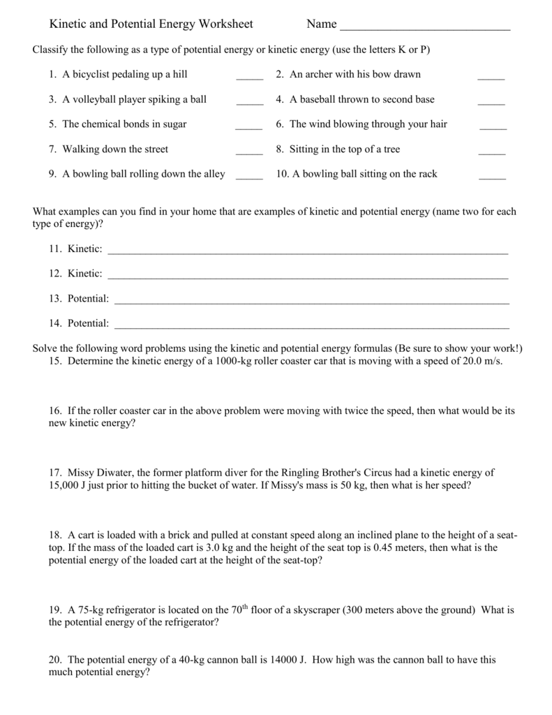 Kinetic and Potential Energy WS #20 With Potential And Kinetic Energy Worksheet