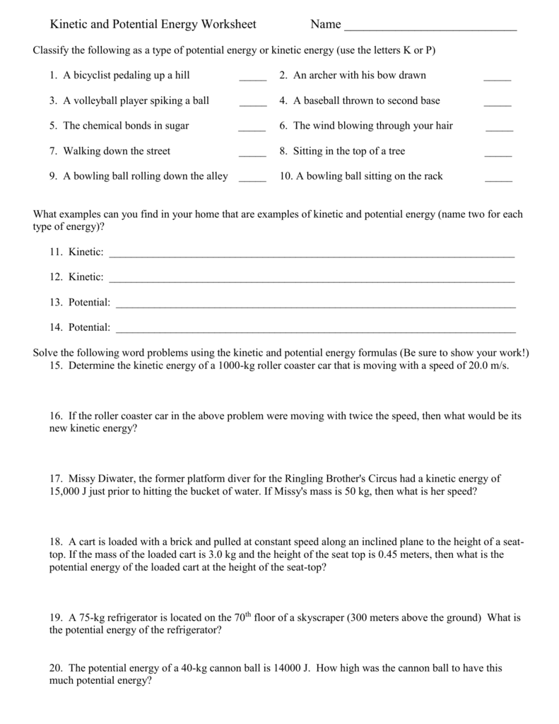 Kinetic and Potential Energy WS #20 With Regard To Potential Versus Kinetic Energy Worksheet