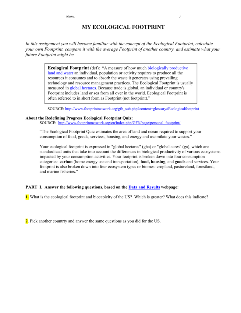 Ecological Footprint Assignment In Ecological Footprint Calculator Worksheet