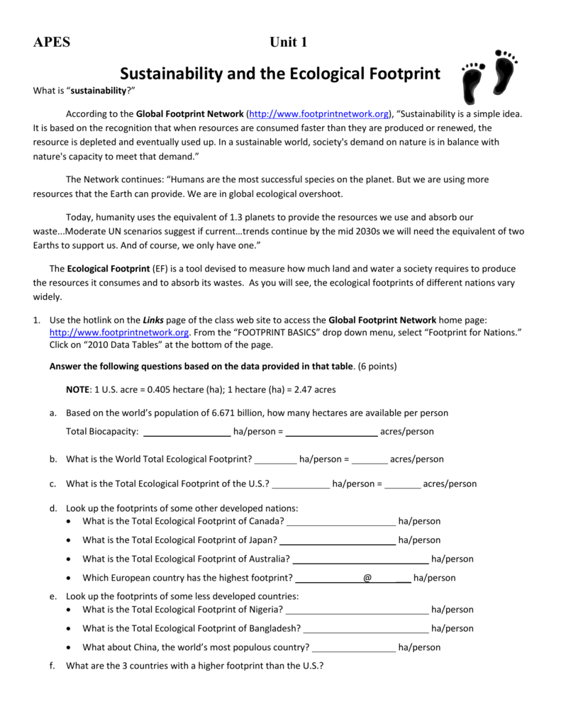 Activity 22-22 YOUR ECOLOGICAL FOOTPRINT revised Pertaining To Human Footprint Worksheet Answers