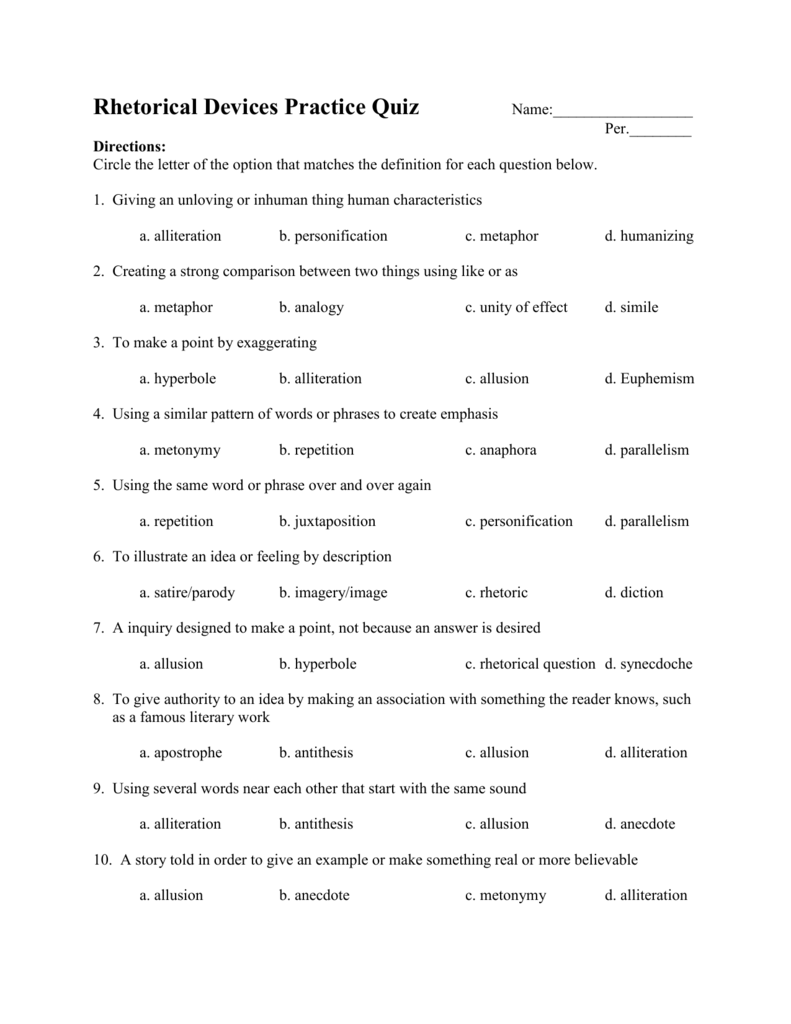 Rhetorical Devices Practice Worksheet Answers Pdf