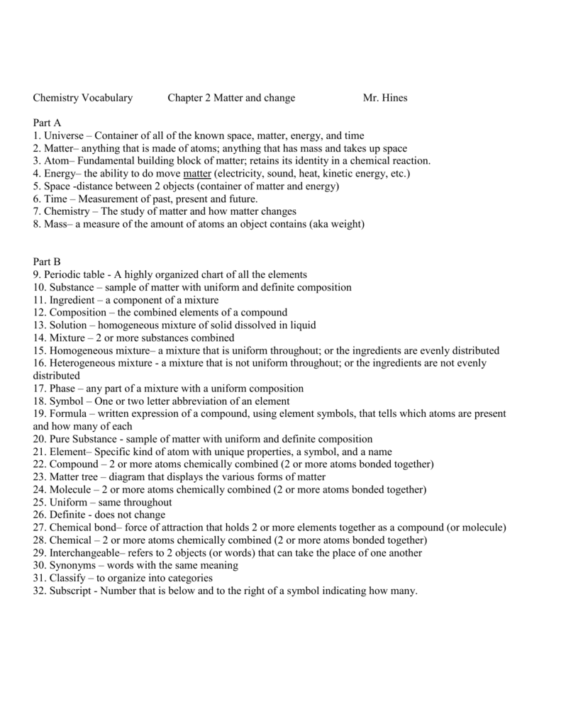 Chemistry Vocabulary Chapter 2 Matter And Change