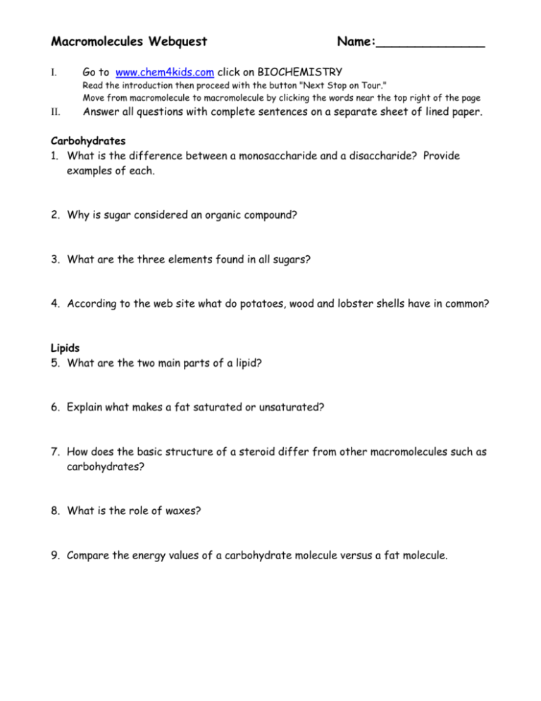 Macromolecule Webquest Answer Key Carbohydrates GBGYABA Practice Test Answer Key