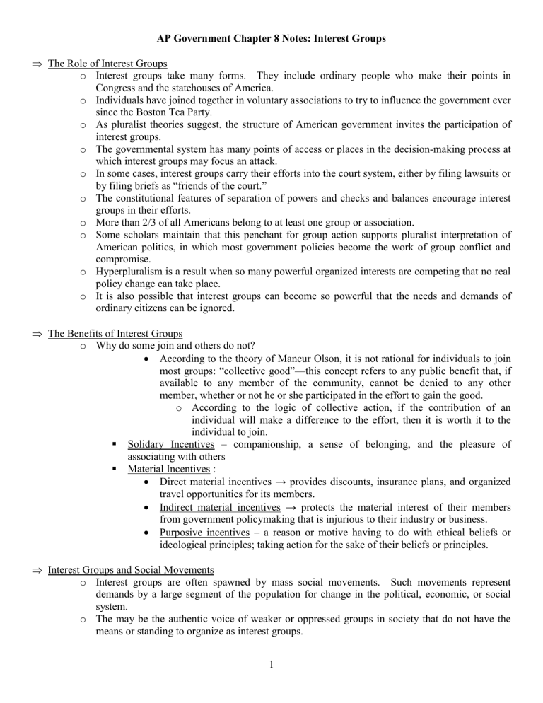 AP Government Chapter 8 Notes Interest Groups