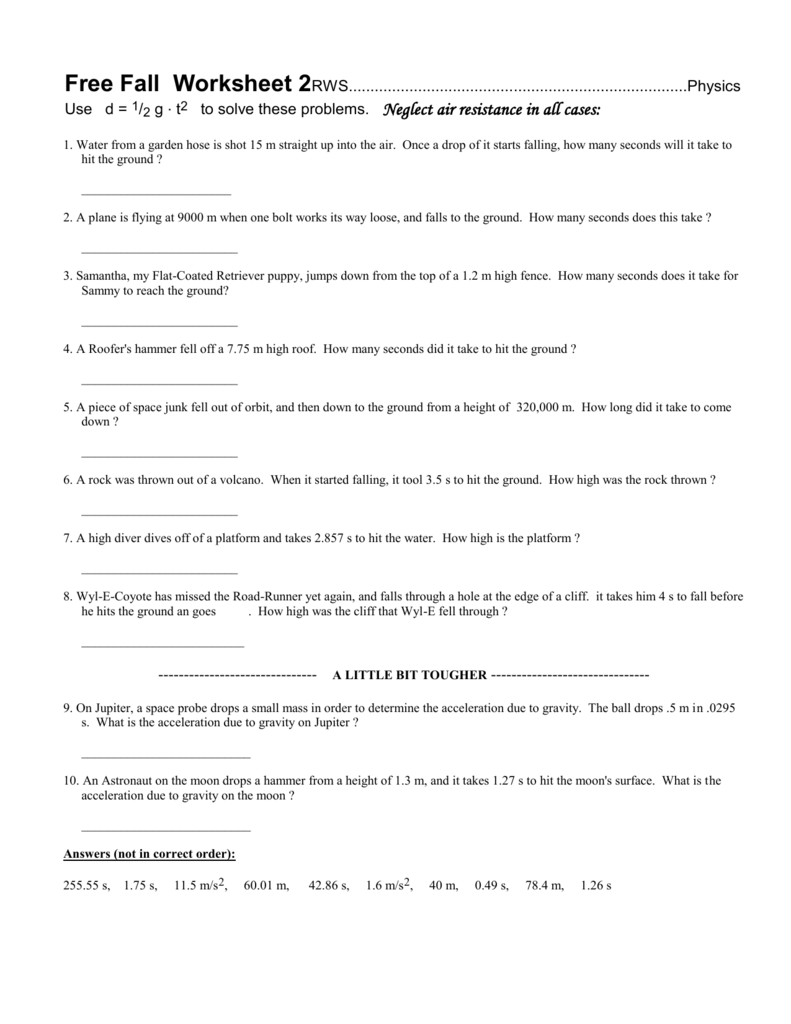 Free Fall Worksheet 2RWS