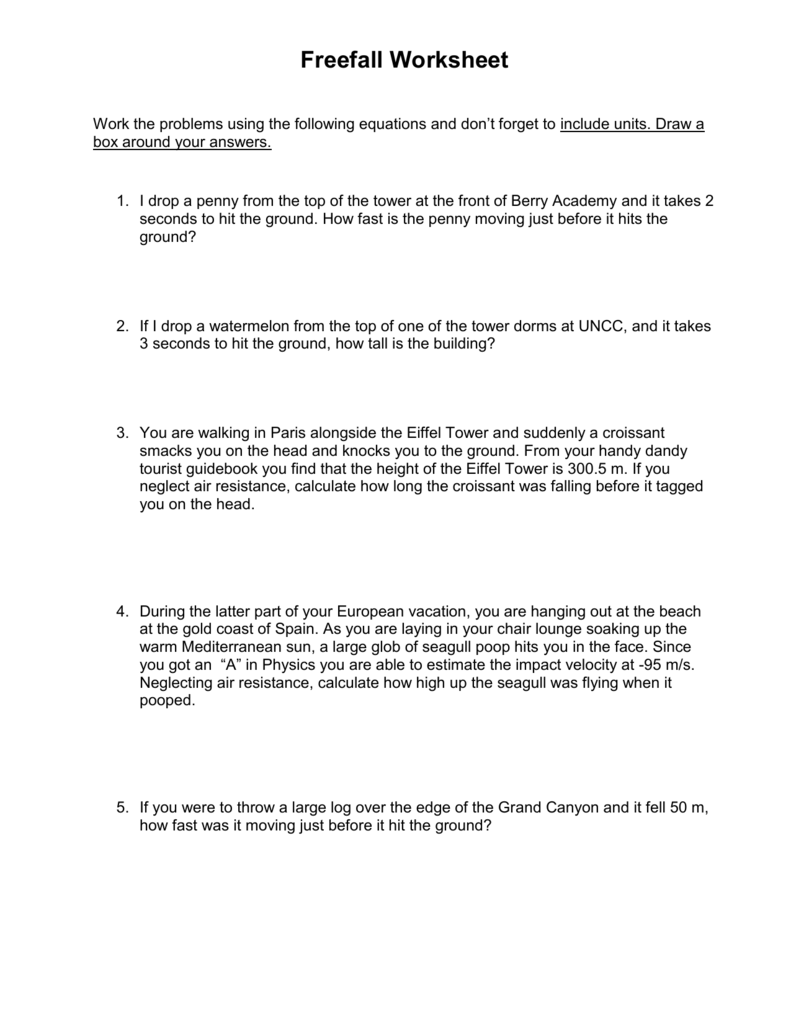 Freefall Worksheet - bushlangsonphysic20 Within Free Fall Problems Worksheet