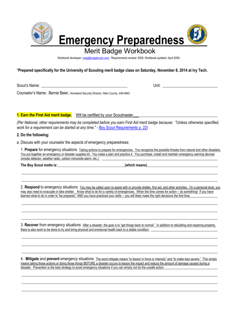 Emergency Preparedness Merit Badge Workbook