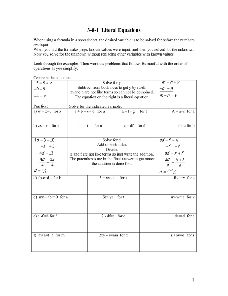 3 8 1 Literal Equations