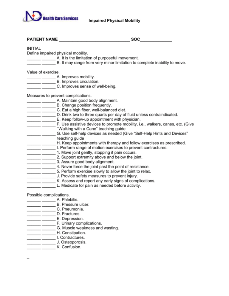 Impaired Physical Mobility Related To Factors