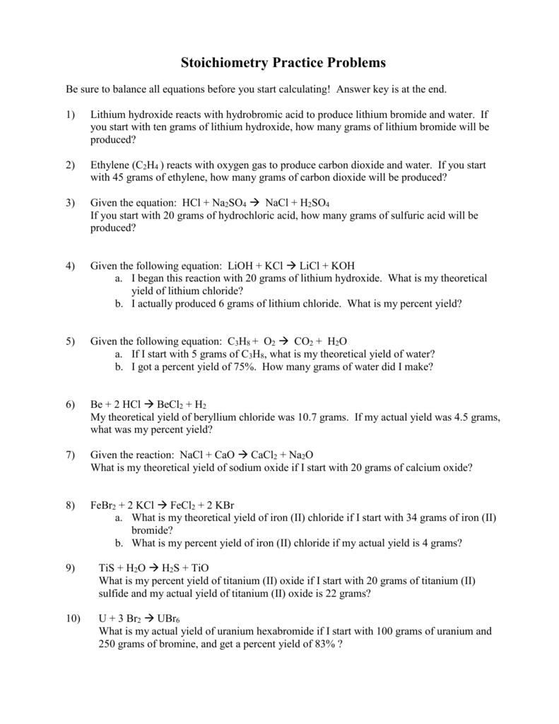 Stoichiometry Practice Problems Chem