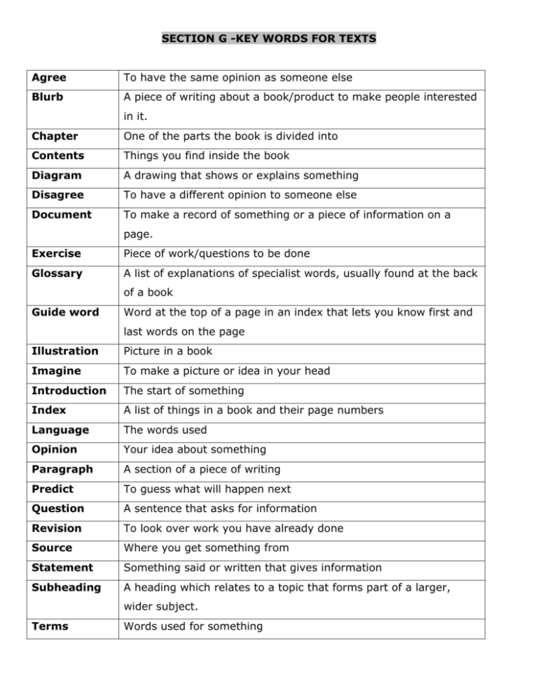 Section g - Key/Exam words