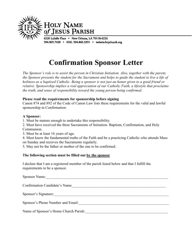 Confirmation Sponsor Letter