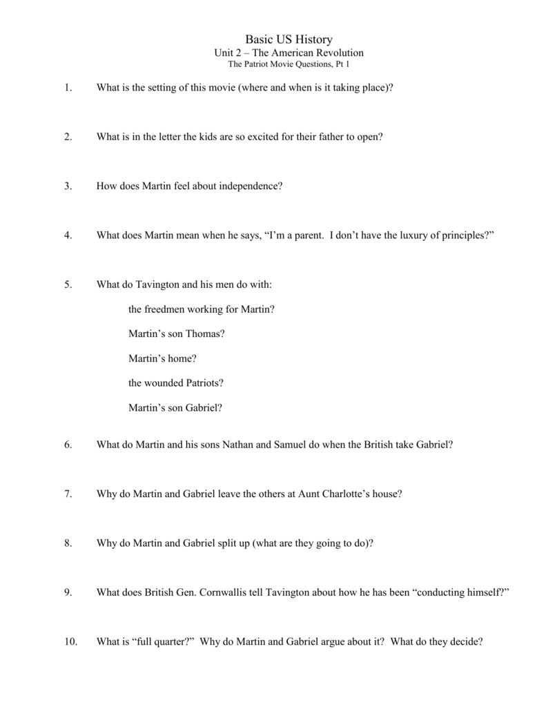 Worksheet The Patriot Movie Guide Questions Answer Key