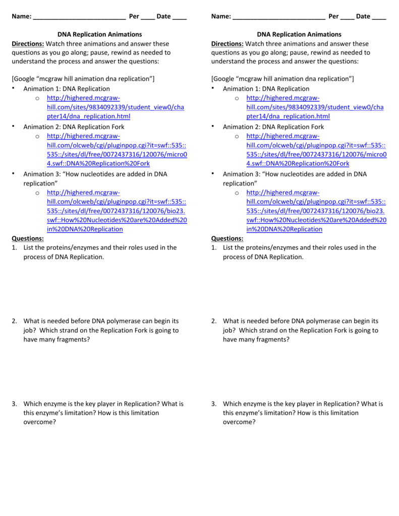 DNA replication worksheet – Watch the animations and answer Inside Dna Replication Worksheet Key