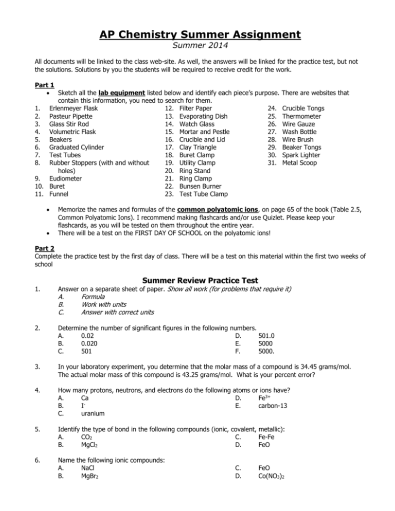 AP Chemistry Summer Assignment