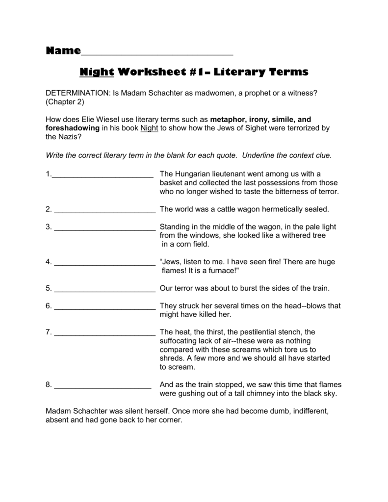 Night Worksheet 1 Literary Terms