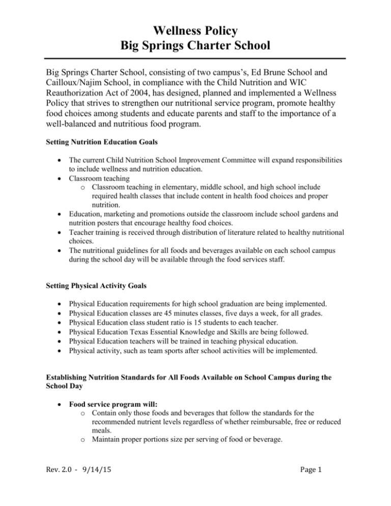 Wellness Policy Big Springs Charter School