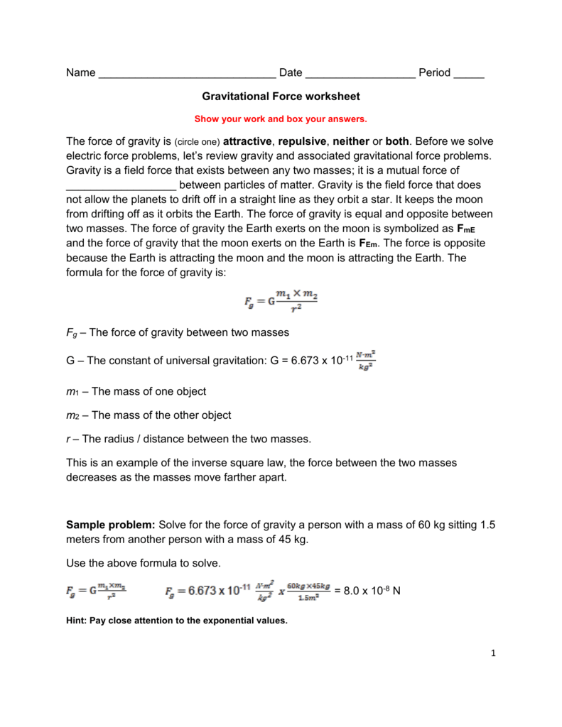 Gravitational Force Worksheet