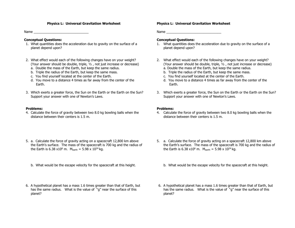 Physics L: Universal Gravitation Worksheet Throughout Universal Gravitation Worksheet Answers