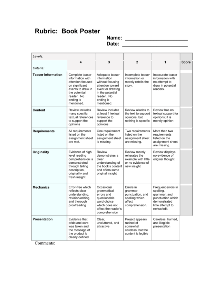 book review marking rubric