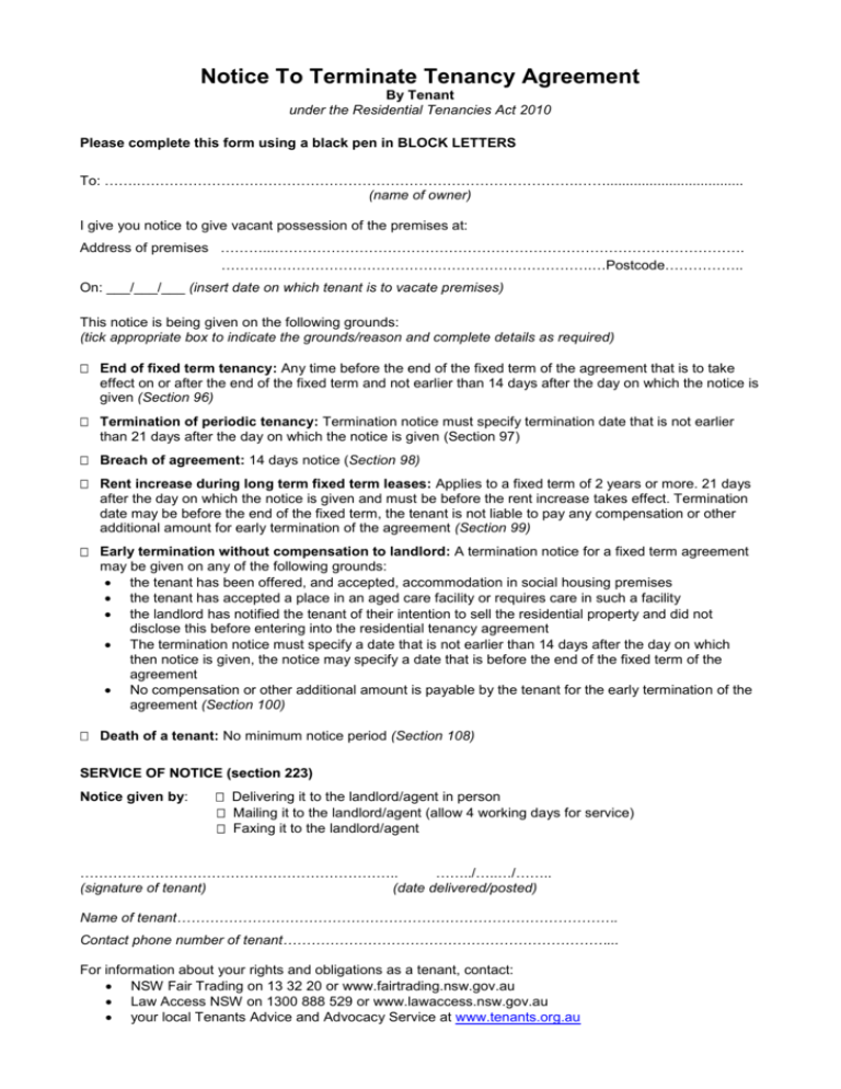 Termination Of Tenancy Agreement Sample Letter