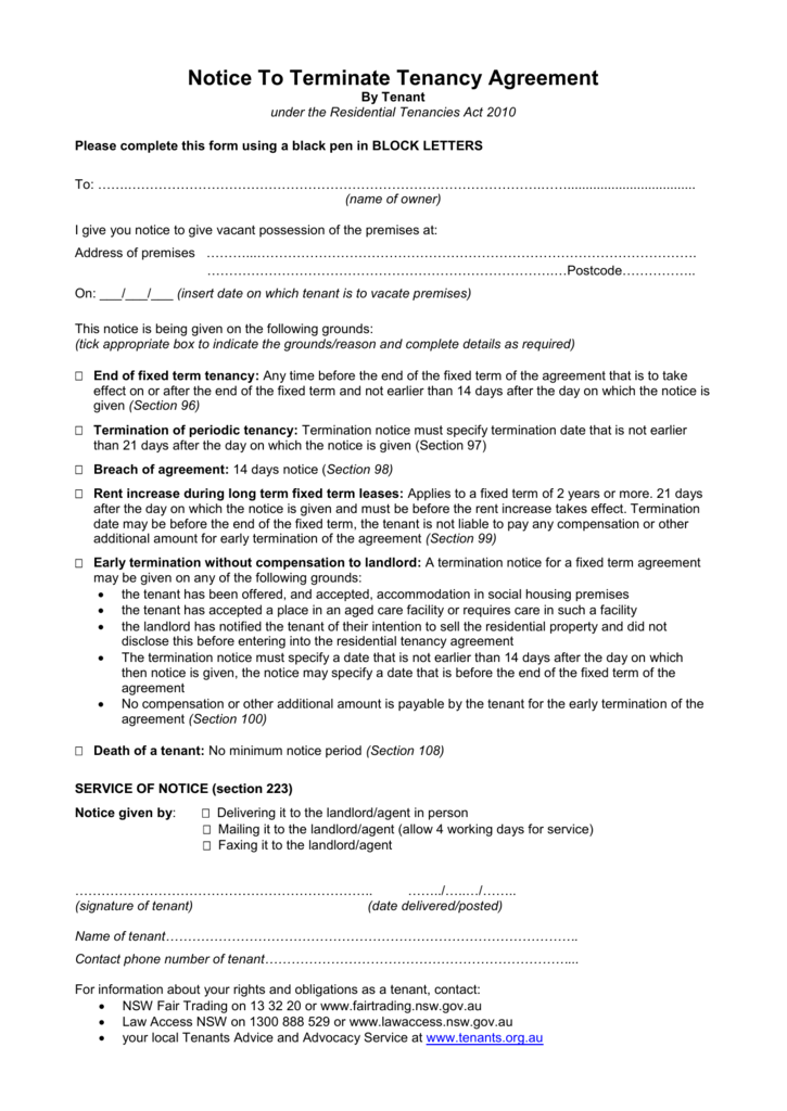 Sample Notice To Terminate Tenancy Agreement