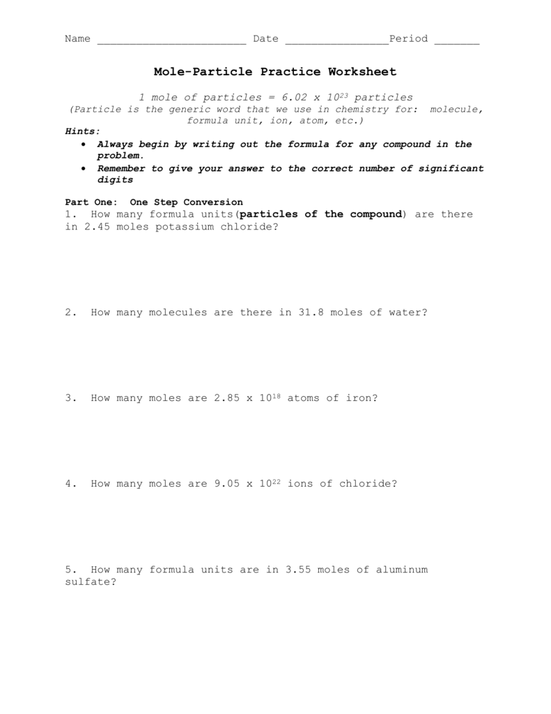 Mole Particle Practice Worksheet