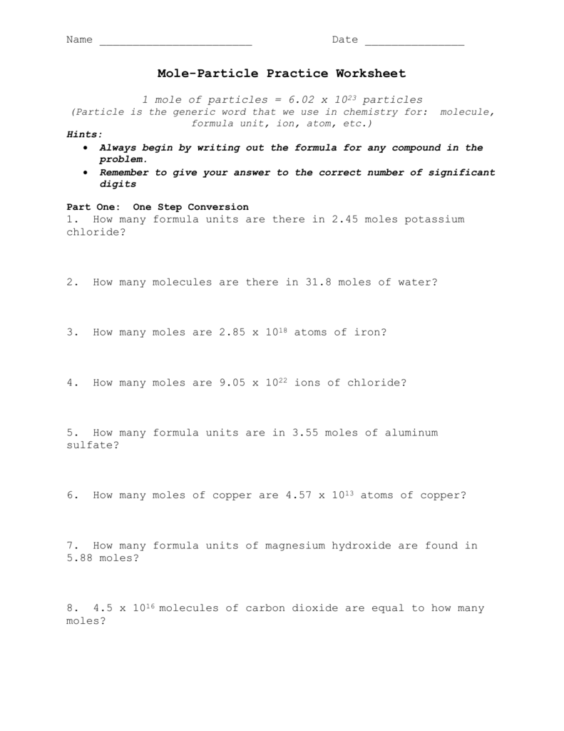 Mole-Particle Practice Worksheet