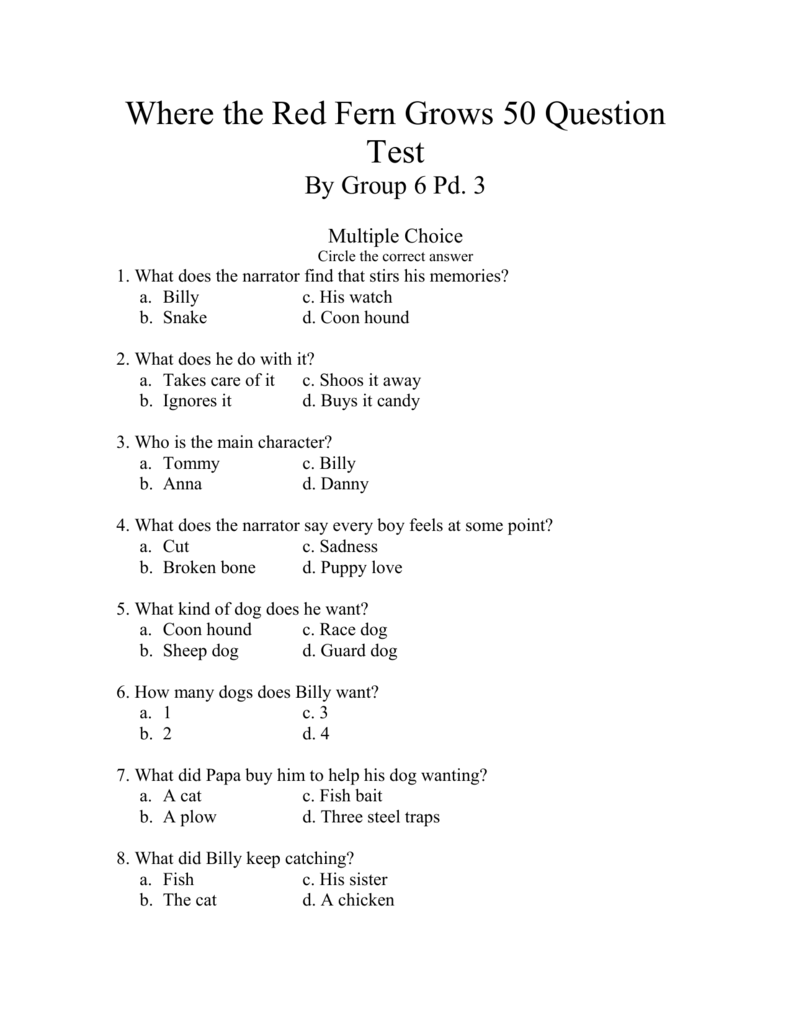 Where the Red Fern Grows 50 Question Test Mskellypace