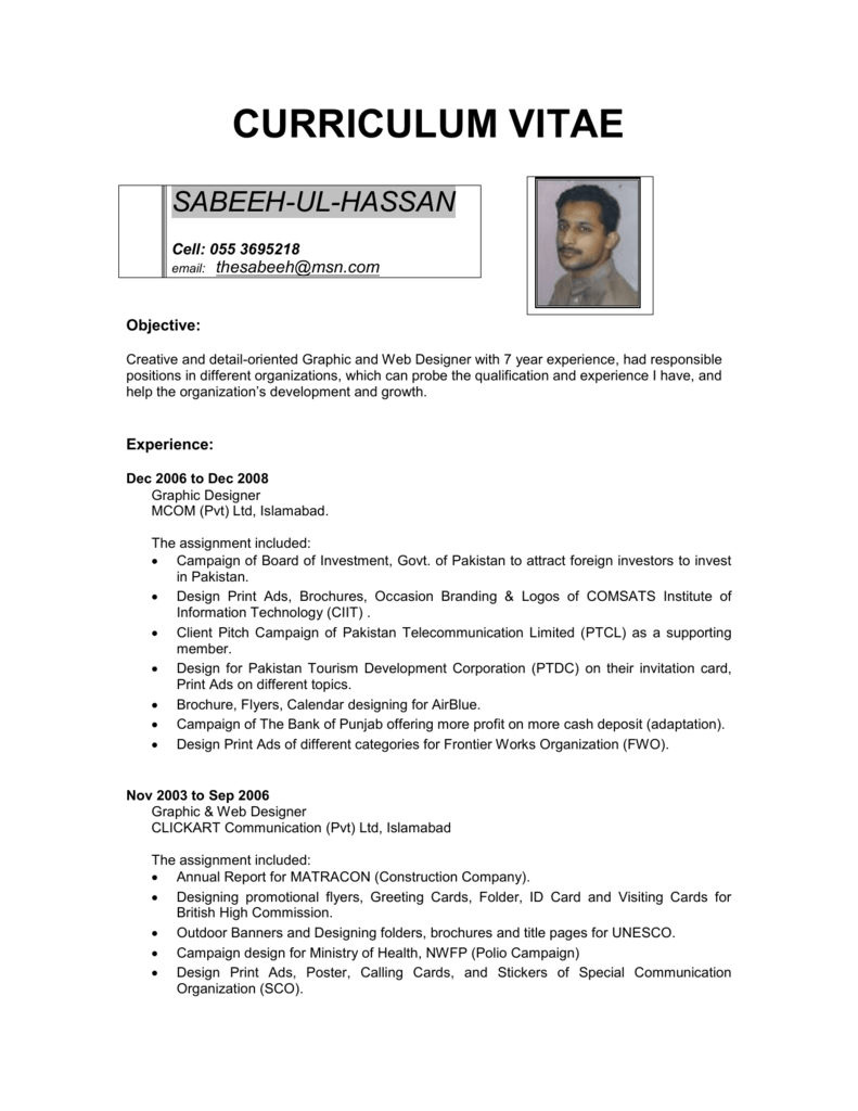 Curriculum Vitae Sabeeh Ul Hassan Cell 055