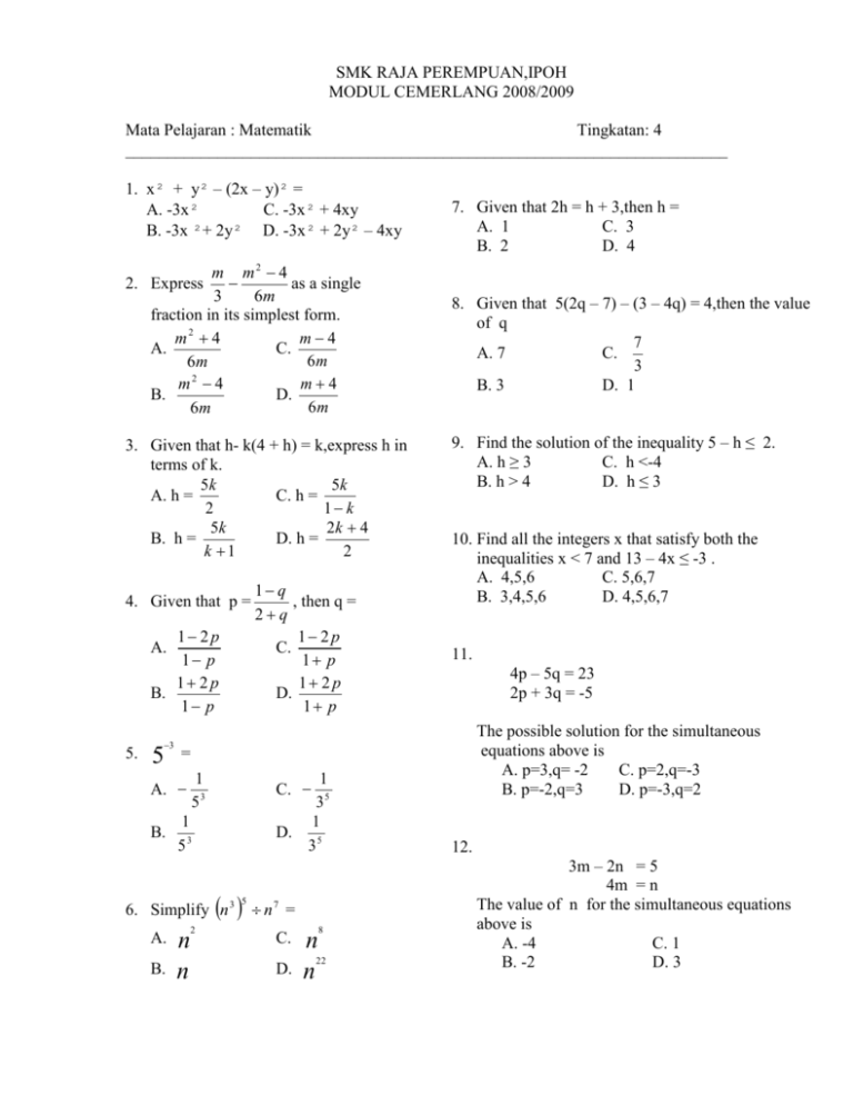 Quiz matematik tingkatan 2