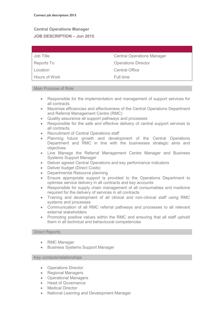 Central Operations Manager Job Description Job Description ...