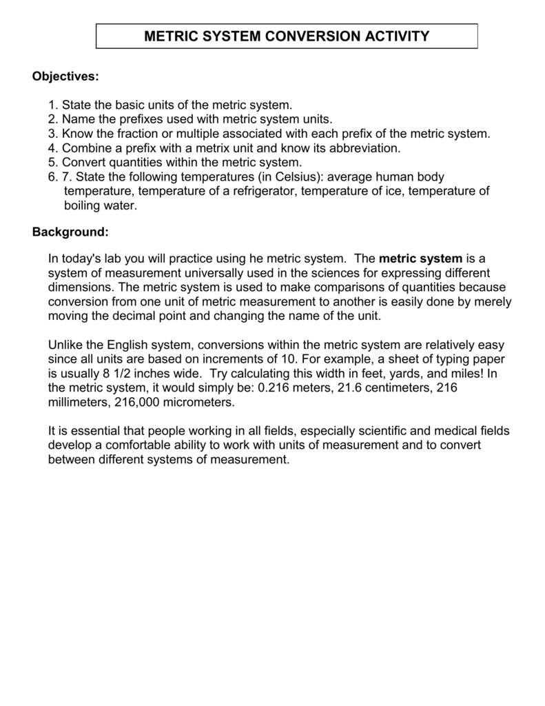 Easy Metric System Conversion Chart