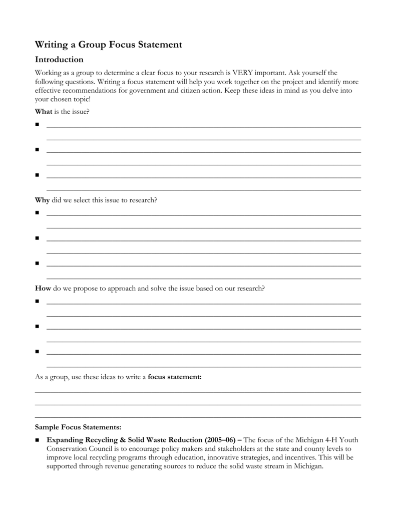 Writing a Group Focus Statement Worksheet For I Feel Statements Worksheet