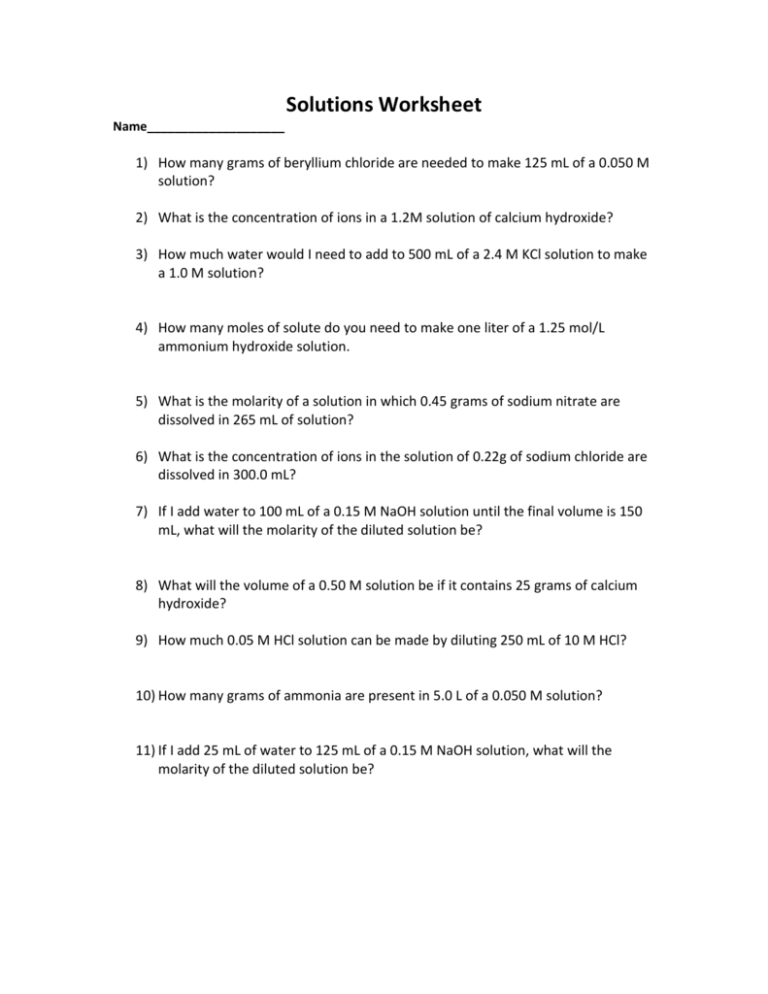 Dilution Problems Worksheet Answer Key